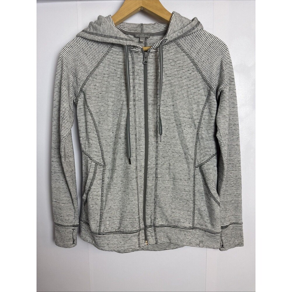 T by Talbots Womens Hoodie P White Gray Striped Full Zip Jacket Athleisure